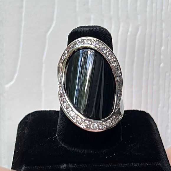 Contemporary Ring CZ-Onyx & White in Silver Setting - Picture 1 of 7
